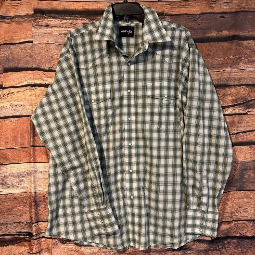 Wrangler Western Shirt Mens XXL Green Plaid Pearl Snap Long Sleeve Stretch Work